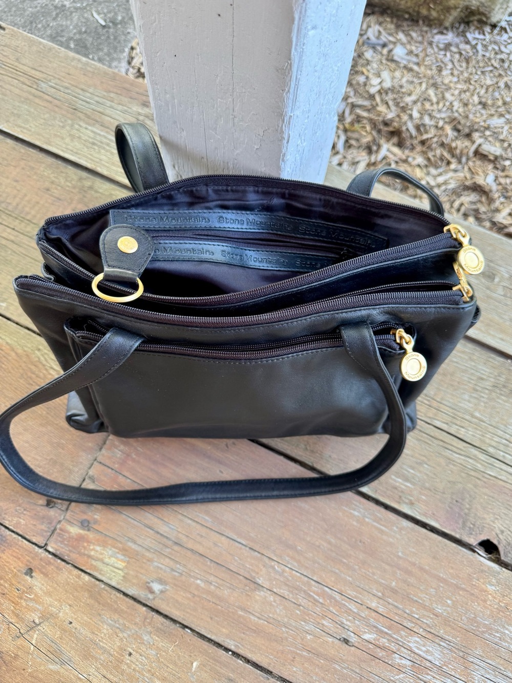 Stone Mountain Vegan Black Leather Shoulder Bag with Gold Accents